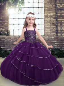 Sleeveless Floor Length Beading and Ruffled Layers Lace Up Little Girls Pageant Dress Wholesale with Eggplant Purple