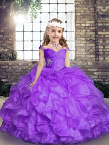 Custom Design Lavender Ball Gowns Organza Straps Sleeveless Beading and Ruffles Floor Length Lace Up Little Girls Pageant Dress Wholesale