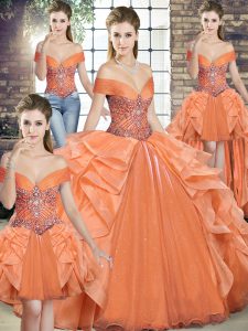Fitting Floor Length Orange 15th Birthday Dress Off The Shoulder Sleeveless Lace Up