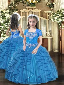 Cute Floor Length Baby Blue Pageant Gowns For Girls Tulle Sleeveless Beading and Ruffles