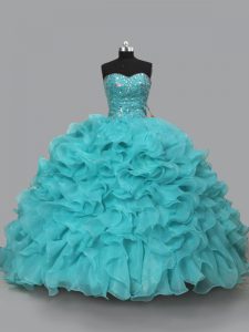 Lace Up Quinceanera Dress Aqua Blue for Sweet 16 and Quinceanera with Beading and Ruffles