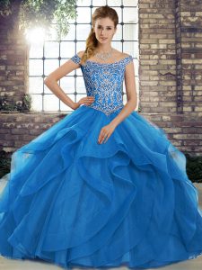 Blue Ball Gowns Off The Shoulder Sleeveless Tulle Brush Train Lace Up Beading and Ruffles Quinceanera Dress