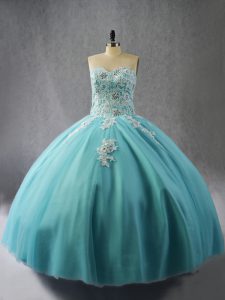 Blue Lace Up Quinceanera Gown Appliques Sleeveless Floor Length