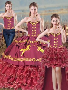 Burgundy Three Pieces Satin and Organza Sweetheart Sleeveless Embroidery and Ruffles Lace Up Ball Gown Prom Dress Brush Train