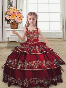 Straps Sleeveless Kids Pageant Dress Floor Length Embroidery and Ruffled Layers Burgundy Satin