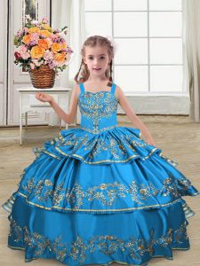 Ball Gowns Kids Formal Wear Blue Straps Satin Sleeveless Floor Length Lace Up