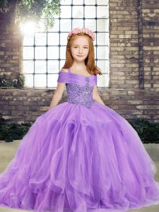 Sweet Lavender Straps Neckline Beading Evening Gowns Sleeveless Lace Up