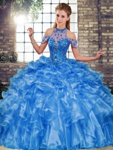 Custom Made Blue Organza Lace Up 15th Birthday Dress Sleeveless Floor Length Beading and Ruffles
