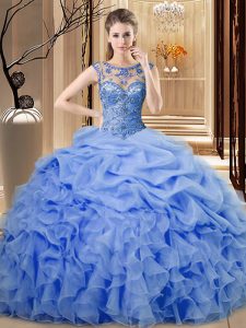 Customized Floor Length Blue Quinceanera Dresses Organza Sleeveless Beading and Ruffles