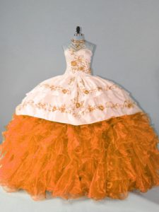 Exquisite Sleeveless Floor Length Embroidery and Ruffles Lace Up Quinceanera Dresses with Orange Court Train