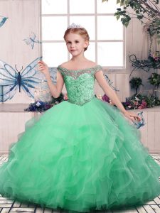 Apple Green Ball Gowns Off The Shoulder Sleeveless Tulle Floor Length Lace Up Beading and Ruffles Pageant Dress