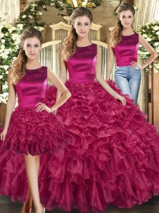 Glittering Fuchsia Scoop Neckline Ruffles Quinceanera Gown Sleeveless Lace Up