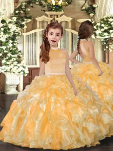Floor Length Gold Little Girl Pageant Dress Halter Top Sleeveless Backless