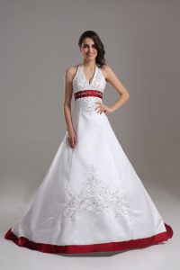 Superior Halter Top Sleeveless Satin Wedding Gowns Beading and Embroidery Brush Train Lace Up