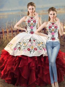 Organza Halter Top Sleeveless Lace Up Embroidery and Ruffles Sweet 16 Dress in White And Red