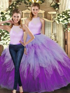 High Quality Two Pieces Quinceanera Dresses Multi-color High-neck Organza Sleeveless Floor Length Backless