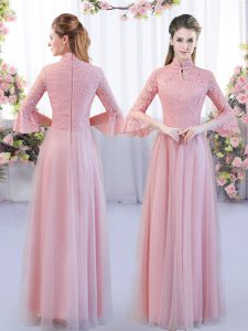 Captivating Pink Zipper Quinceanera Dama Dress Lace 3 4 Length Sleeve Floor Length