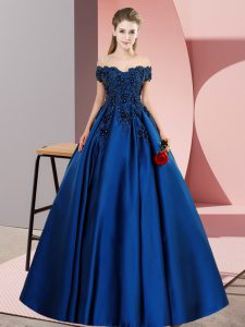 Fabulous Satin Off The Shoulder Sleeveless Zipper Lace 15 Quinceanera Dress in Blue