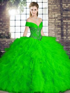 Cheap Beading and Ruffles Ball Gown Prom Dress Green Lace Up Sleeveless Floor Length