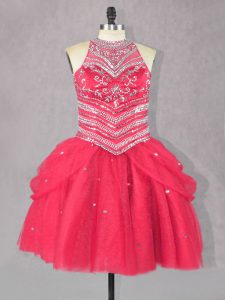 Mini Length Ball Gowns Sleeveless Coral Red Prom Dress Lace Up
