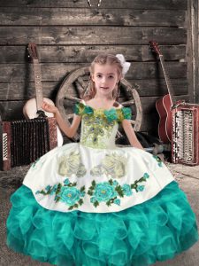 Turquoise Ball Gowns Beading and Embroidery and Ruffles Kids Pageant Dress Lace Up Organza Sleeveless Floor Length