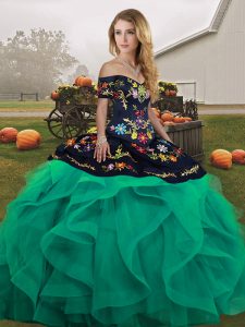 Exquisite Turquoise Lace Up Off The Shoulder Embroidery and Ruffles 15 Quinceanera Dress Tulle Sleeveless