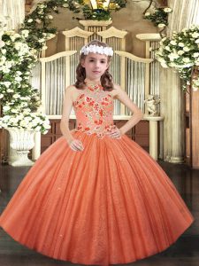 Customized Halter Top Sleeveless Tulle Little Girl Pageant Gowns Appliques Lace Up