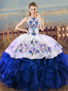 Blue And White Quince Ball Gowns Sweet 16 and Quinceanera with Embroidery and Ruffles Halter Top Sleeveless Lace Up