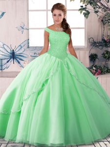 Off The Shoulder Sleeveless Brush Train Lace Up Quinceanera Dresses Apple Green Tulle