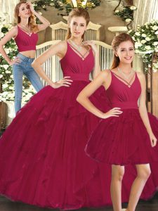 Floor Length Lace Up Quinceanera Dress Red for Sweet 16 and Quinceanera with Ruffles