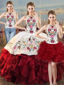 Best Selling Ball Gowns Sweet 16 Dress White And Red Halter Top Organza Sleeveless Floor Length Lace Up