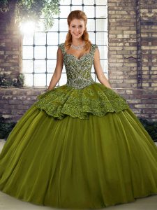 Popular Ball Gowns 15 Quinceanera Dress Olive Green Straps Tulle Sleeveless Floor Length Lace Up