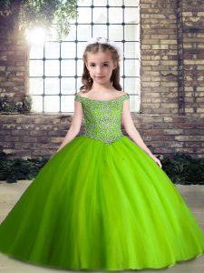 Inexpensive Beading Pageant Gowns For Girls Green Lace Up Sleeveless Floor Length