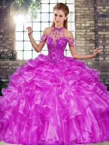 Suitable Purple Sleeveless Floor Length Beading and Ruffles Lace Up Sweet 16 Dresses