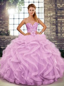 Spectacular Floor Length Lilac Sweet 16 Dress Tulle Sleeveless Beading and Ruffles