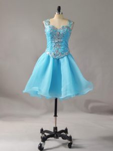 Decent A-line Dress for Prom Aqua Blue Straps Organza Sleeveless Mini Length Zipper