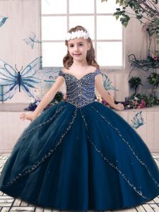 Navy Blue Ball Gowns Beading Kids Formal Wear Lace Up Tulle Sleeveless Floor Length