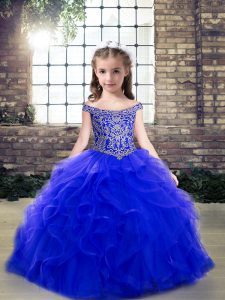 High Quality Royal Blue Ball Gowns Tulle Off The Shoulder Sleeveless Beading and Ruffles Floor Length Lace Up Little Girls Pageant Dress