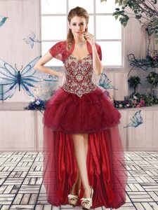 Perfect Burgundy Prom Gown Prom and Party with Beading and Ruffles Off The Shoulder Sleeveless Lace Up