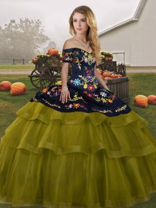 Modern Olive Green Ball Gowns Embroidery and Ruffled Layers Quinceanera Dresses Lace Up Tulle Sleeveless