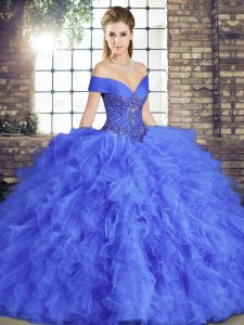 Floor Length Blue Sweet 16 Quinceanera Dress Off The Shoulder Sleeveless Lace Up