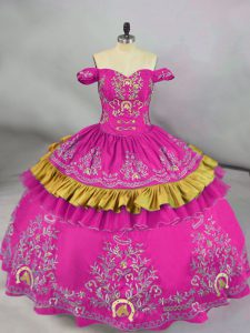 Fuchsia Ball Gowns Off The Shoulder Sleeveless Satin Floor Length Side Zipper Embroidery Ball Gown Prom Dress
