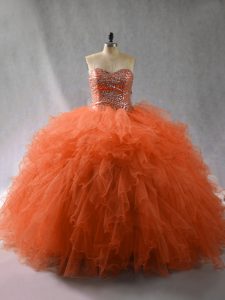 Orange Red Sleeveless Floor Length Beading and Ruffles Lace Up Quinceanera Dresses
