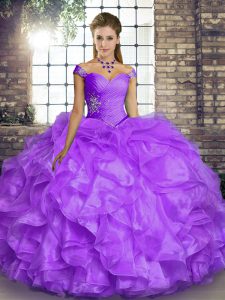 Discount Off The Shoulder Sleeveless Lace Up Sweet 16 Dresses Lavender Organza