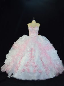 Classical Sleeveless Organza Floor Length Lace Up 15 Quinceanera Dress in Pink And White with Beading and Pick Ups