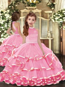 Pink Organza Backless Pageant Gowns For Girls Sleeveless Floor Length Beading and Ruffled Layers