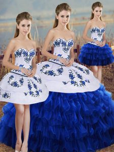 Flirting Royal Blue Lace Up Sweetheart Embroidery and Ruffled Layers and Bowknot Quinceanera Gown Organza Sleeveless
