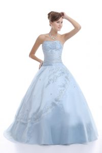 Latest Sweetheart Sleeveless Quince Ball Gowns Floor Length Embroidery Light Blue Organza