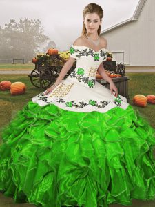 Green Ball Gowns Organza Off The Shoulder Sleeveless Embroidery and Ruffles Floor Length Lace Up Quinceanera Gown
