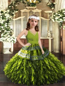 Dazzling Organza Sleeveless Floor Length Pageant Gowns For Girls and Appliques and Ruffles